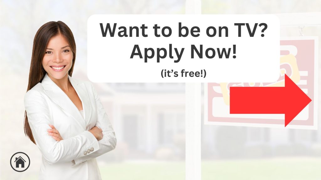 female agent smiling. "Want to be on TV? Apply now! It's free!" red arrow pointing to application form.