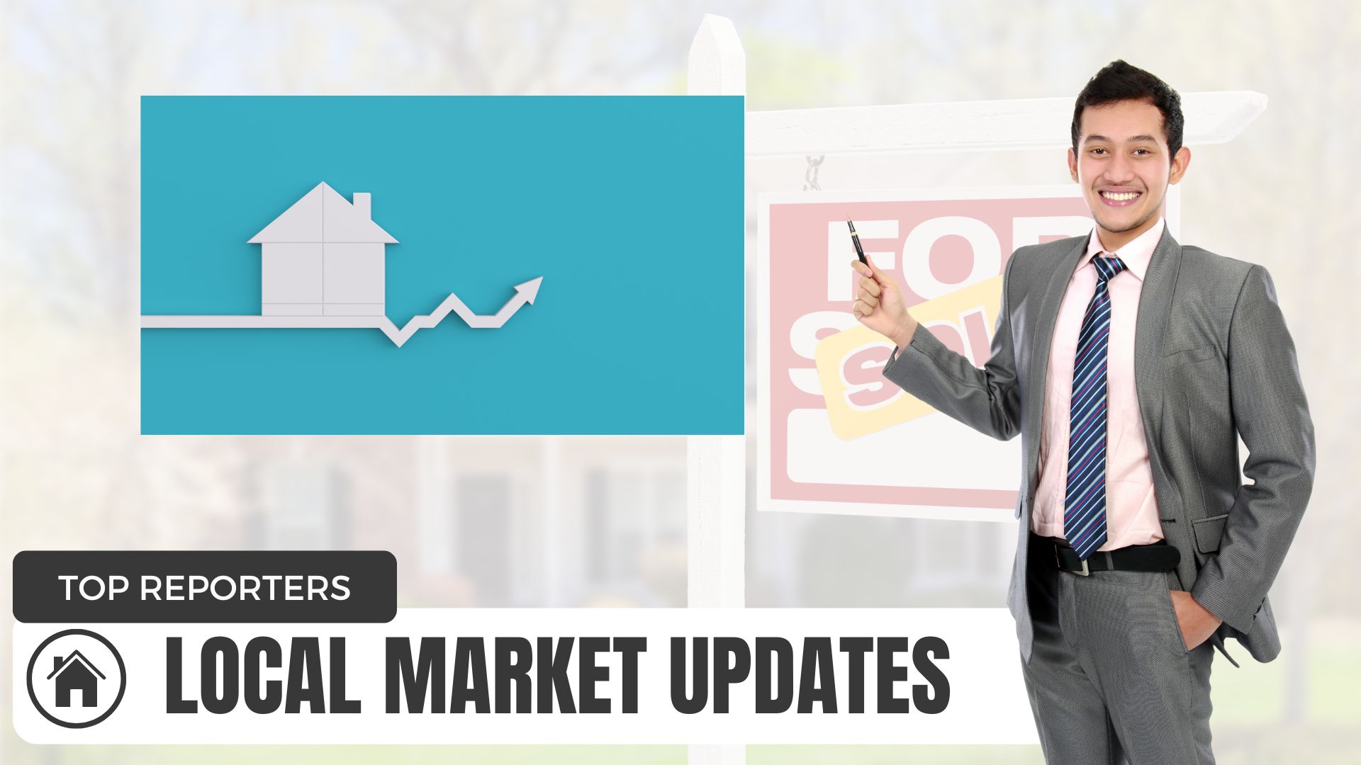 Man in suit pointing to market graphic of house with market arrow up and down.
